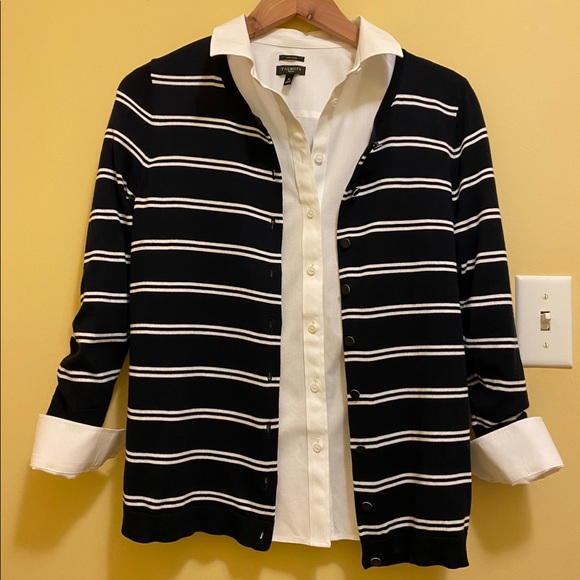 Talbots navy and white 3/4 sleeve cardignan - Picture 2 of 6